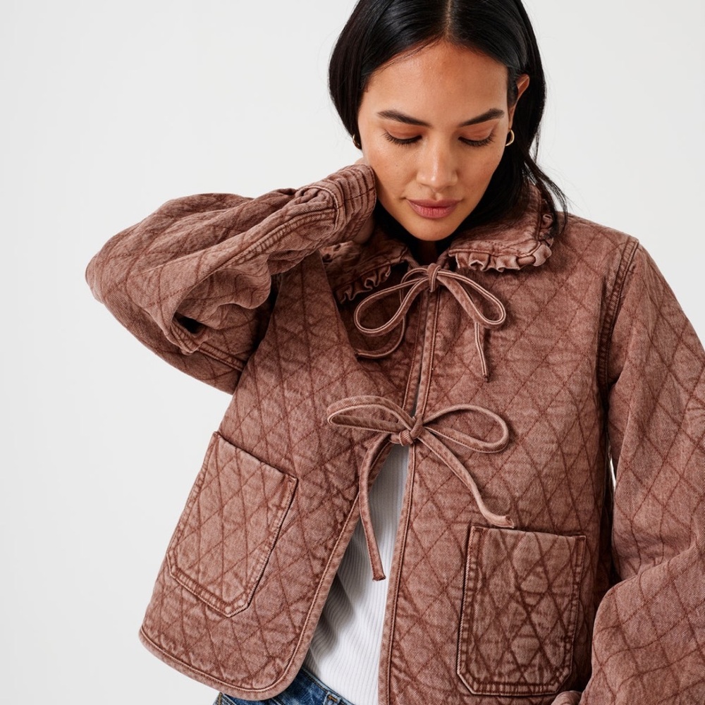 Seventy + Mochi Heidi Jacket in Washed Mocha Brown quilted denim tie front Small - Picture 2 of 13